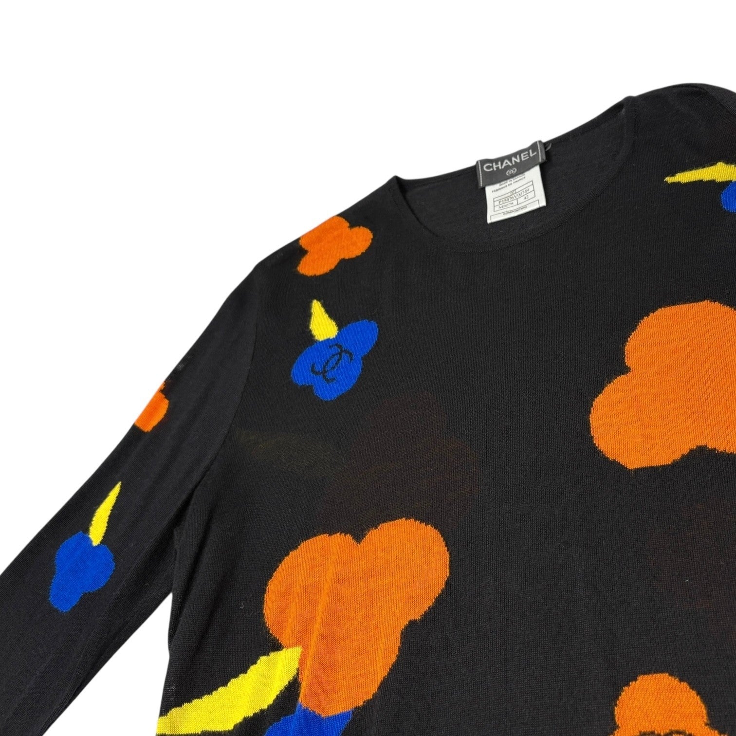 CHANEL Vintage 00T CC Camelia Logo Knit Sweater #42 Black Orange Blue Viscose
