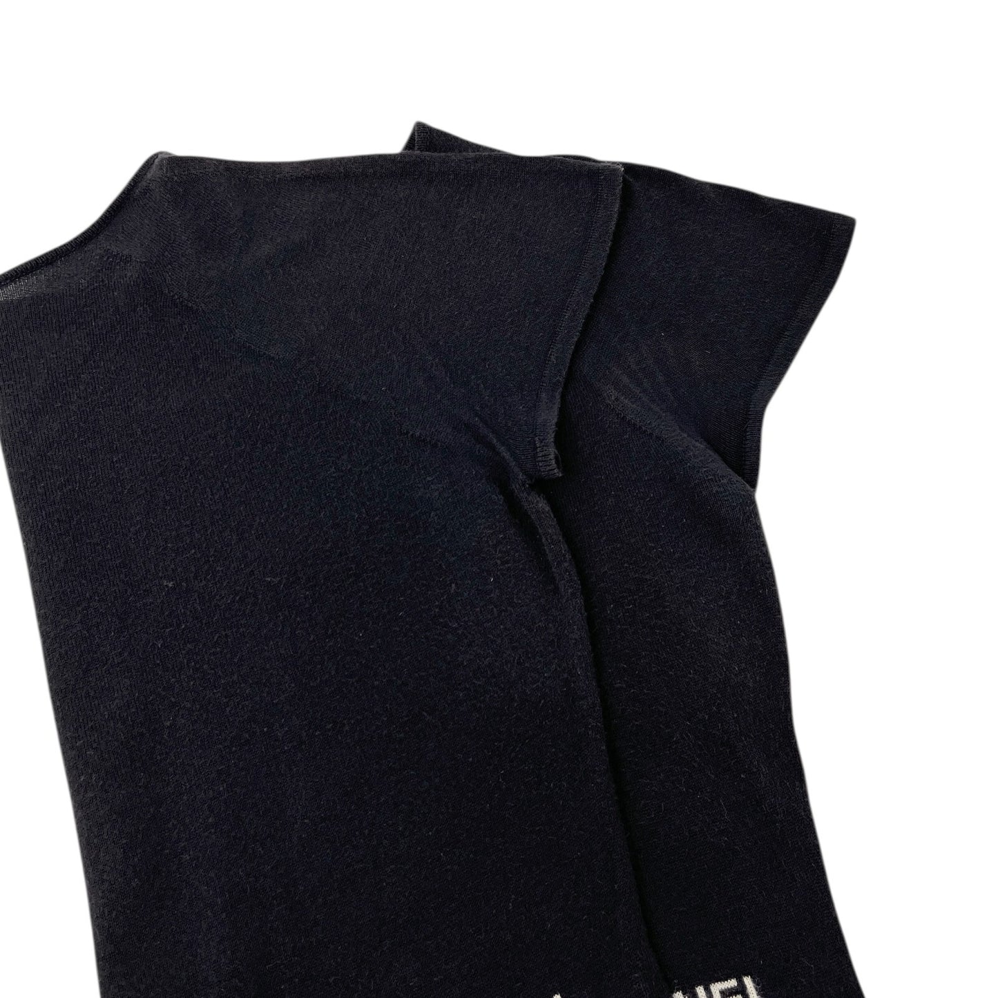 CHANEL Vintage 04P Logo Knit T-shirt Top #40 Round Neck Black White Cotton