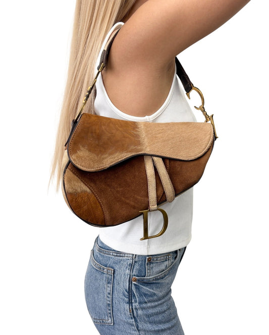 Christian Dior Vintage Pony Carf Hair Saddle Shoulder Bag Brown Beige 902489