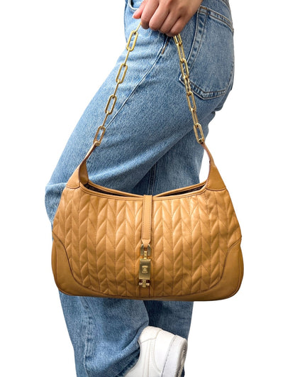 GUCCI Vintage Logo Quilted Chain Shoulder Bag Brown Gold Leather 902065