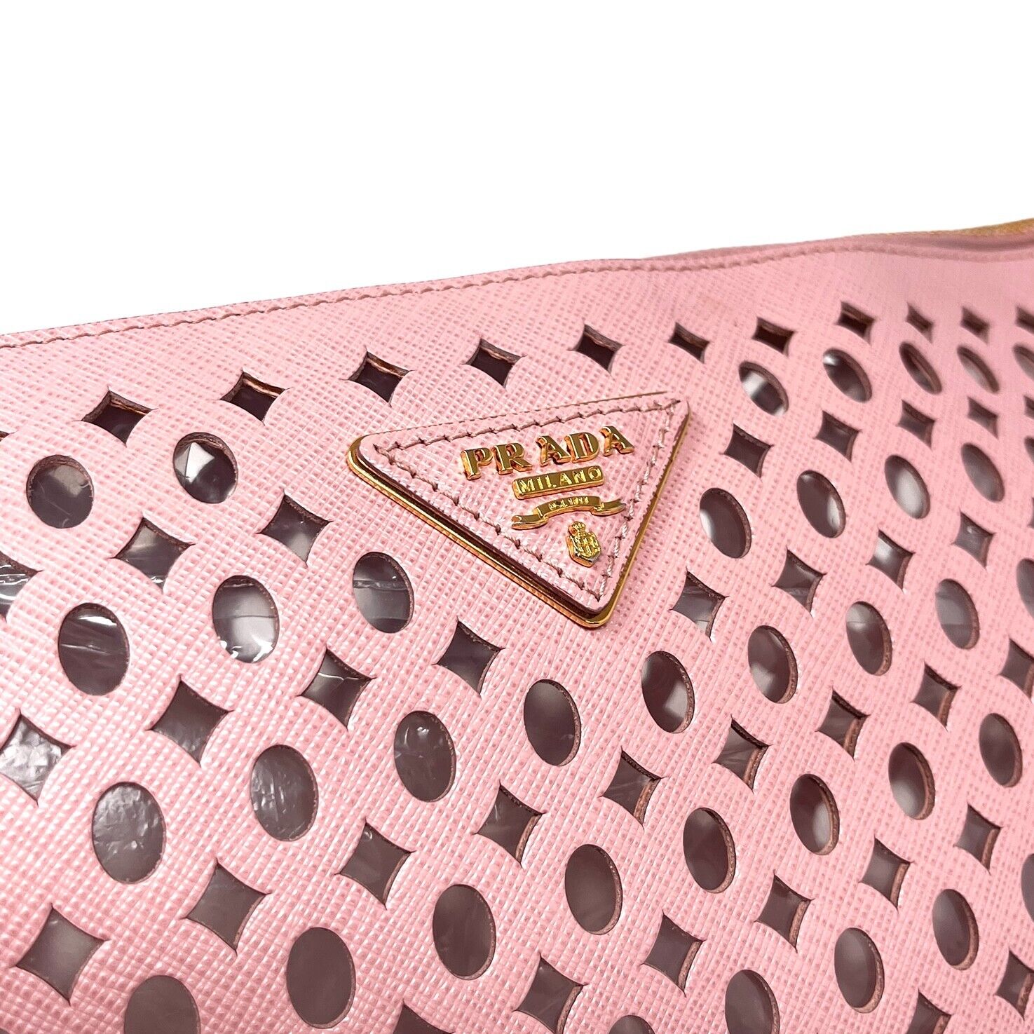 PRADA Vintage Logo Punching Clutch Bag Pink Gold Zip Leather Rank AB