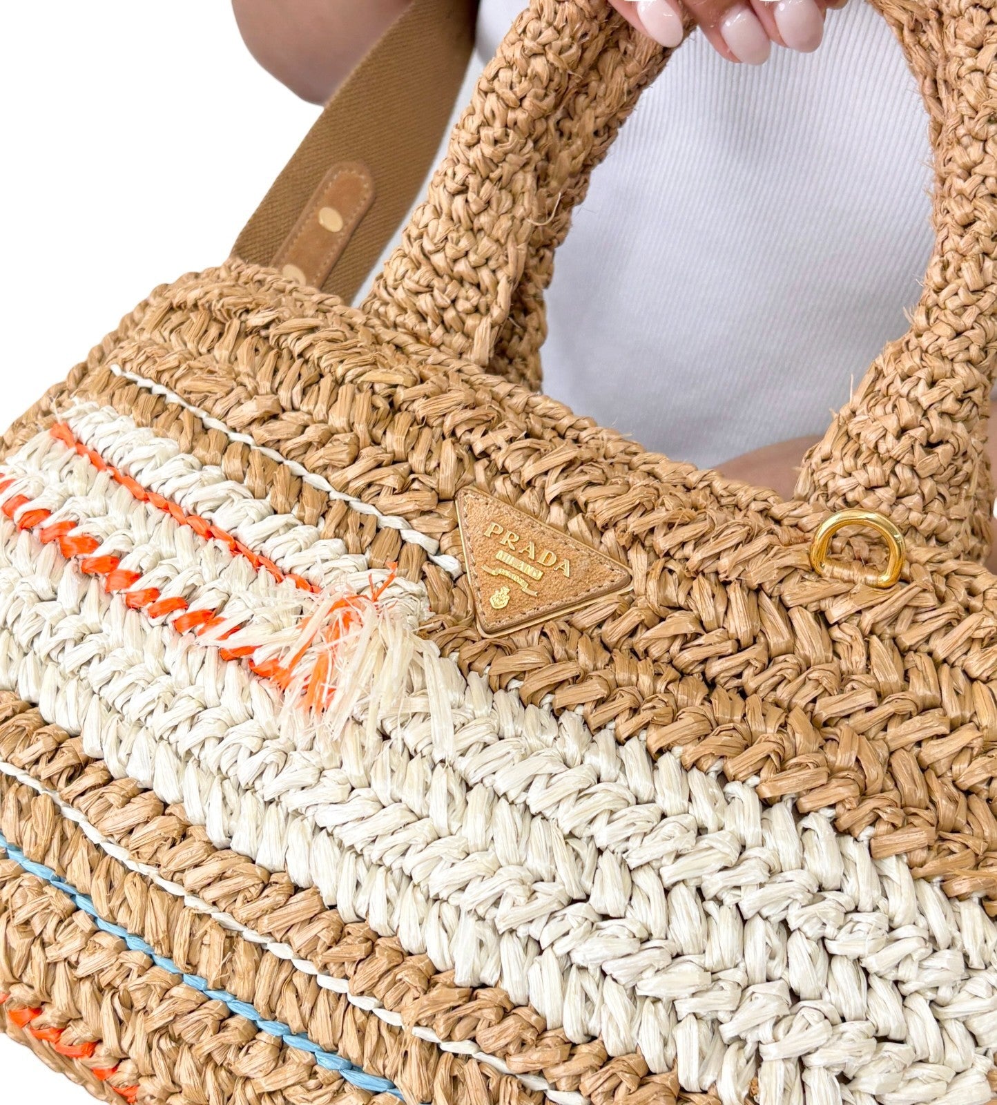 PRADA Vintage Raffia Straw Tote Crossbody Bag 2way Brown Multicolor 901877