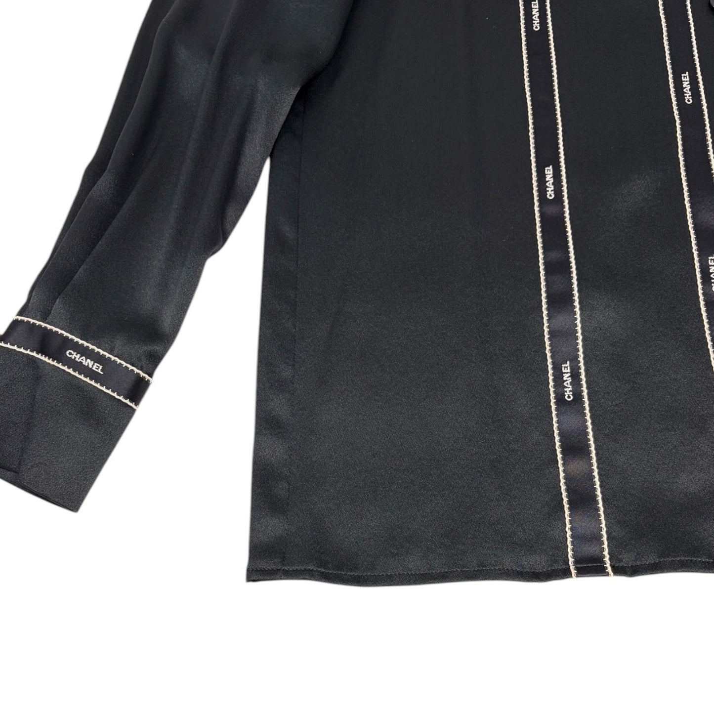 CHANEL Vintage 94A CC Logo Button Up Blouse Silk Shirt #36 Ribbon Black