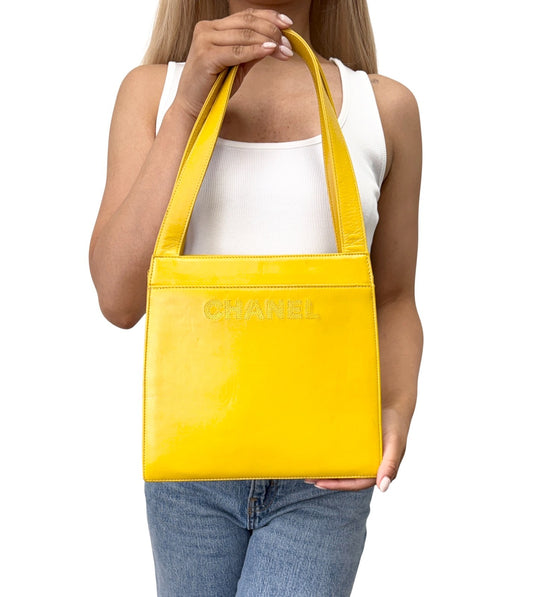 CHANEL Vintage Stitch CC Logo Tote Shoulder Bag Yellow Leather Zip 901884