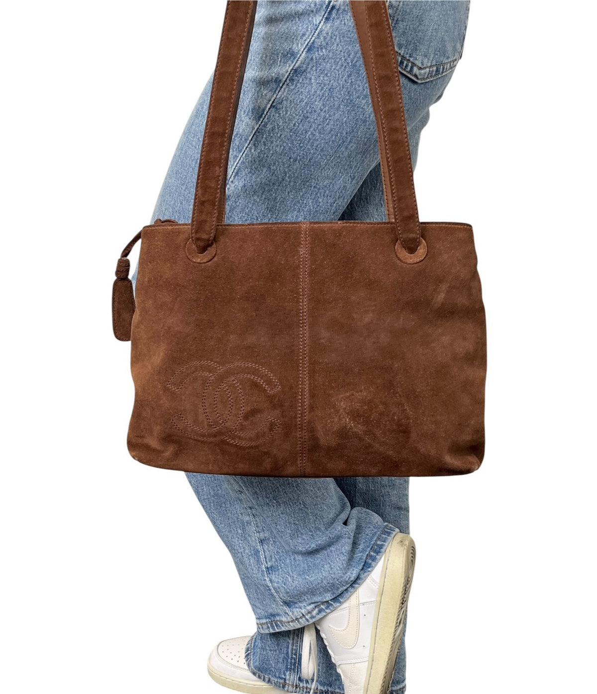 CHANEL Vintage Stitch CC Logo Suede Tote Shoulder Bag Zip Brown 902486