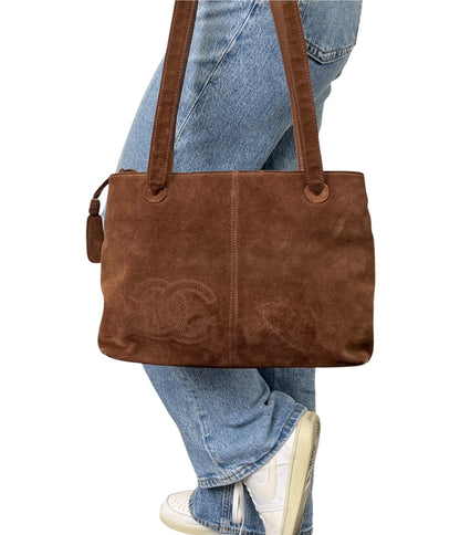 CHANEL Vintage Stitch CC Logo Suede Tote Shoulder Bag Zip Brown 902486