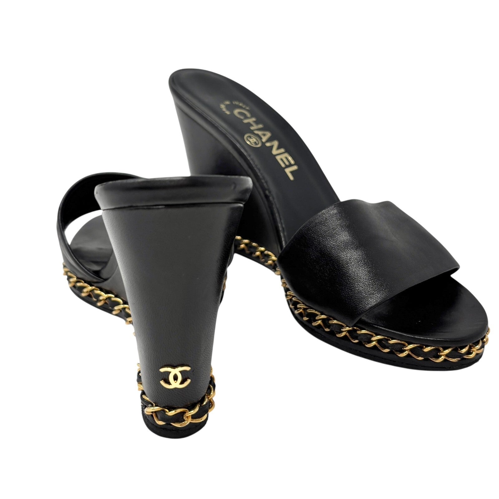CHANEL Vintage CC Logo Chain Wedge Sole Sandals #37-38.5 Black Gold Leather