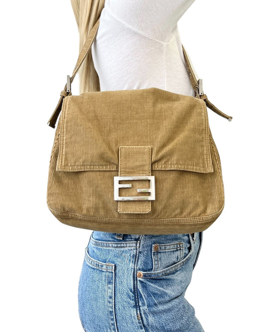 FENDI Vintage FF Logo Corduroy Mamma Baguette Shoulder Bag Light Brown Silver