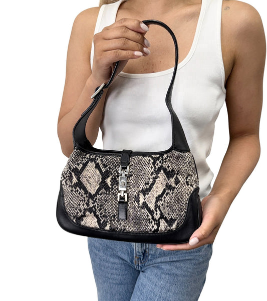 GUCCI Vintage Logo Jackie Snake Print Shoulder Bag Black White Nylon 902411