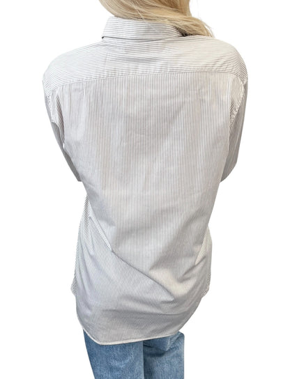 CELINE Triomphe Logo Stripe Button Up Shirt Long Sleeve #34 Brown White 901967