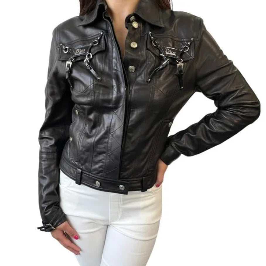 Christian Dior Vintage 2004 Bondage Logo Leather Jacket #36 Black Silver