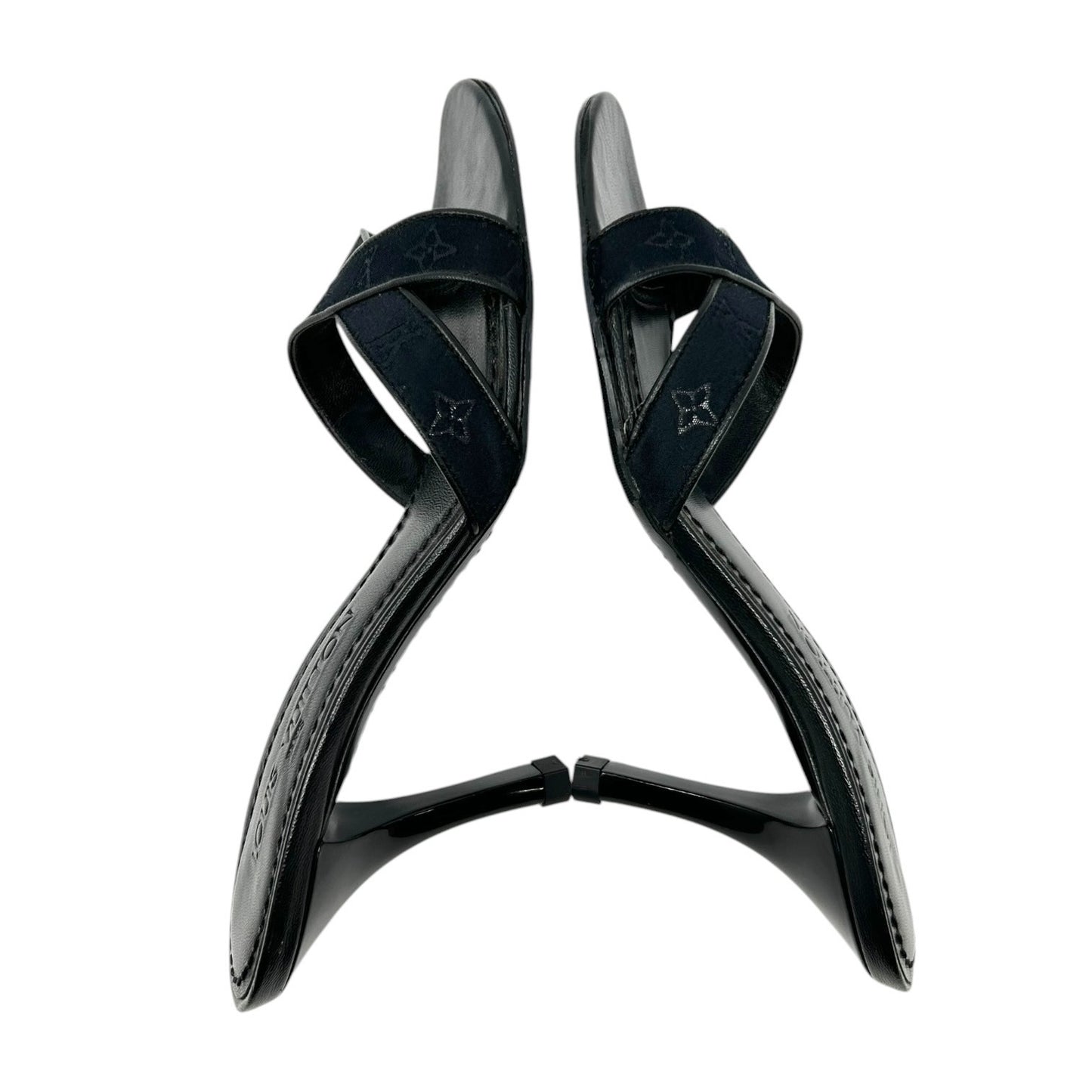LOUIS VUITTON Vintage LV Monogram Satin Open Toe Sandals #37 Black Leather