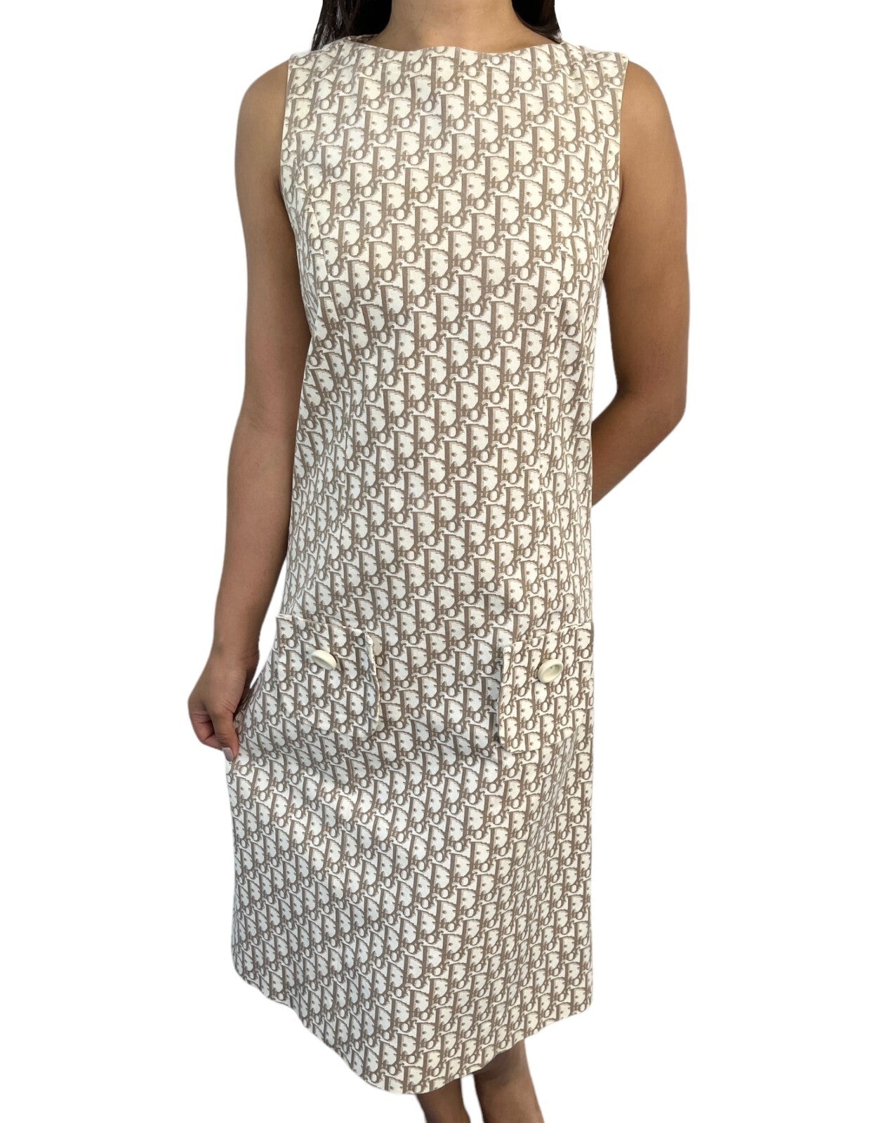 Christian Dior Vintage Trotter Monogram Dress #40 One-piece Beige White Cotton