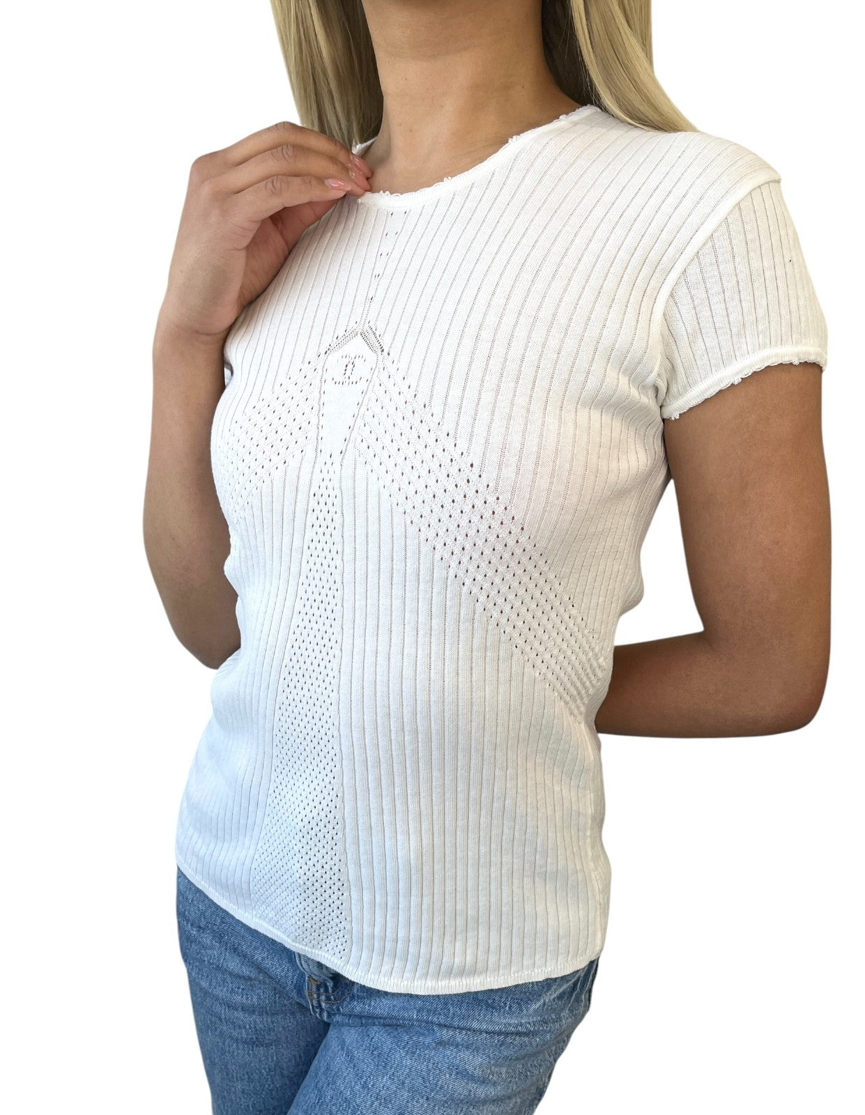 CHANEL Vintage 04P CC Mark Logo Knit T-shirt Top Rib Short Sleeve White Cotton