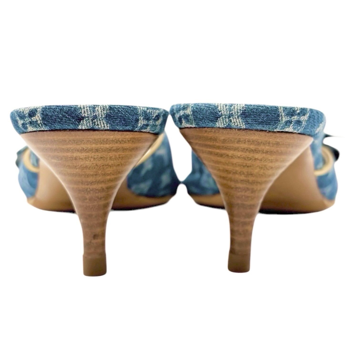 LOUIS VUITTON Vintage Monogram Denim Heels Sandals #36.5 Blue Gold Corsage