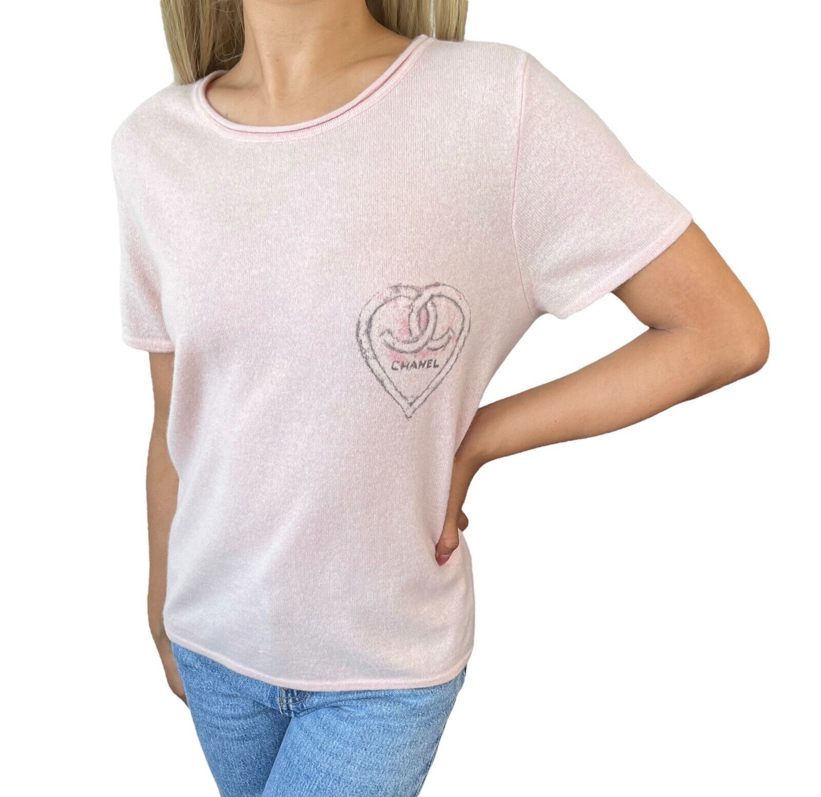 CHANEL Vintage 09C Miami CC Mark Logo Knit Sweater Top #42 Cashmere Pink RankAB