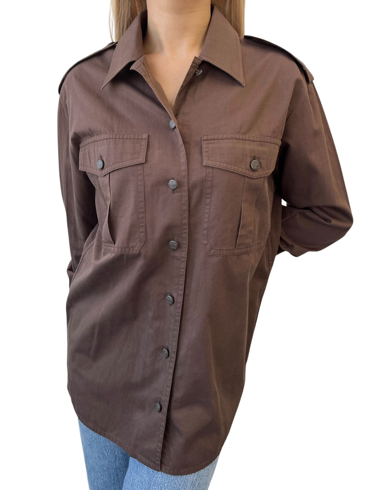 CHANEL Vintage CC Logo Button Up Military Long Sleeve Shirt Brown Cotton