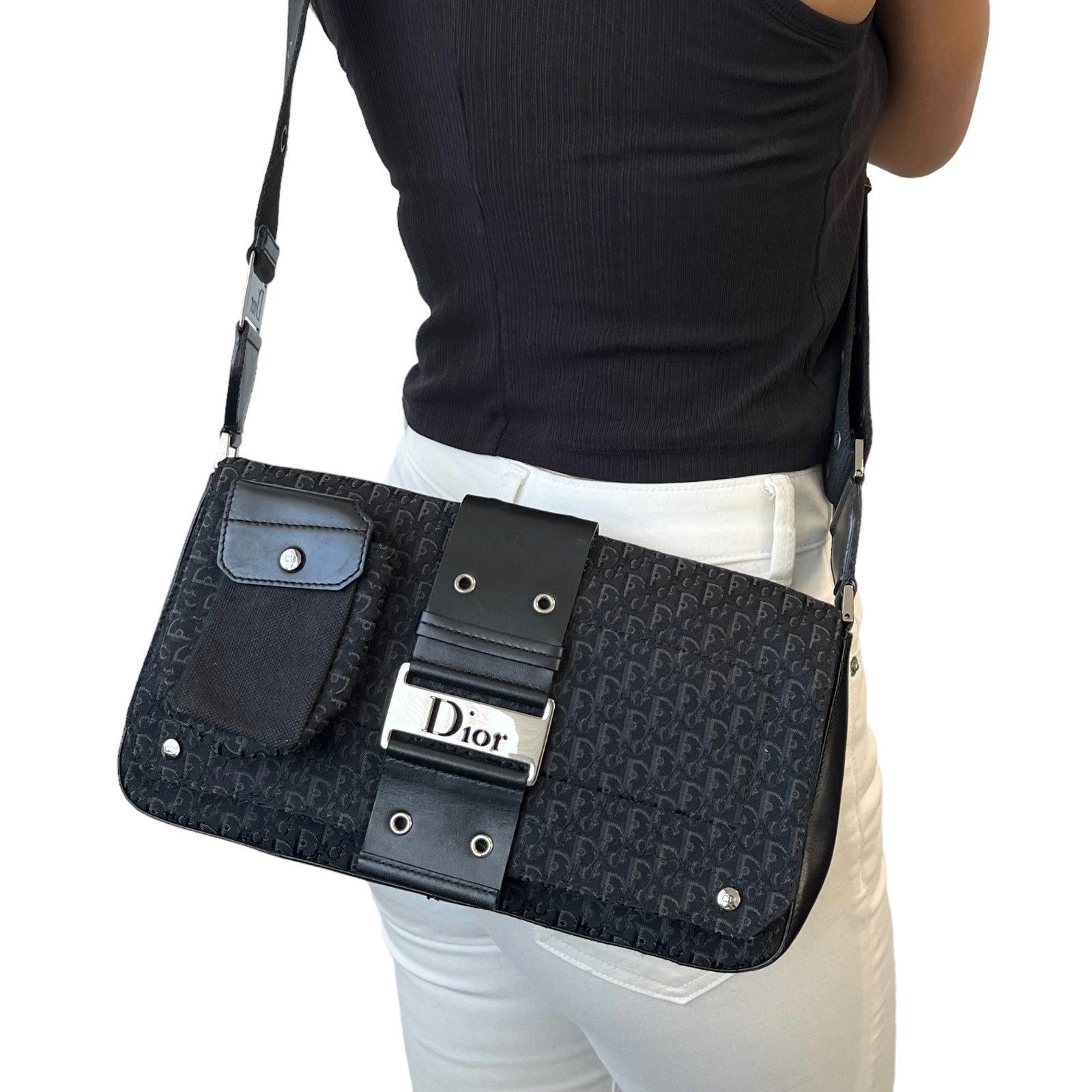 Christian Dior Vintage 2002 Trotter Monogram Street Chic 2way Bag Black Canvas