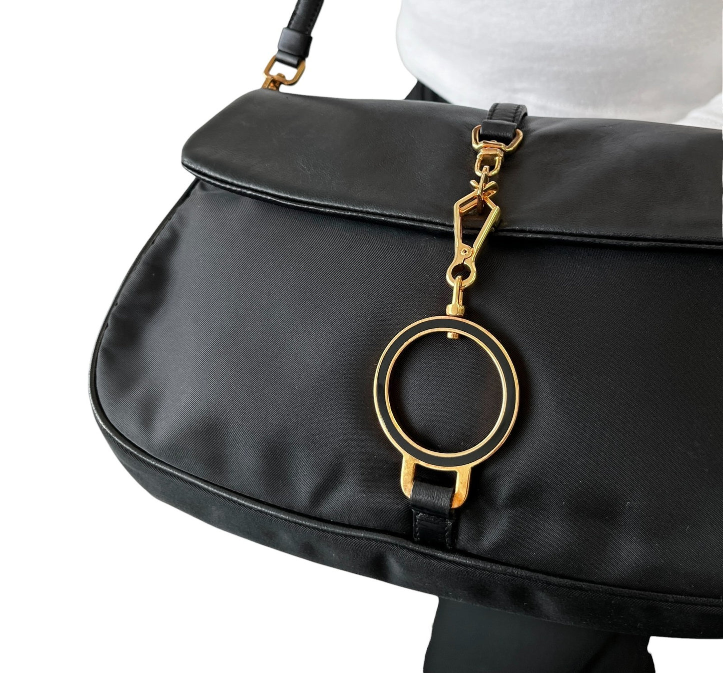 PRADA Vintage Triangle Logo Tessuto Nylon Shoulder Bag Black Leather 901925