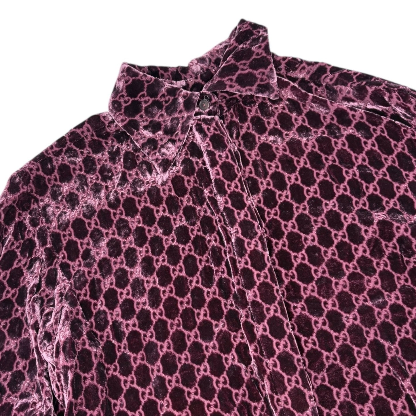 GUCCI Vintage GG Monogram Logo Velour Button Up Shirt Top Purple Silk