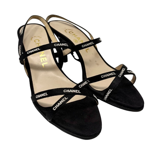 CHANEL Vintage 96C Logo Satin Ribbon Sandals Heels #36.5 Black White 902561