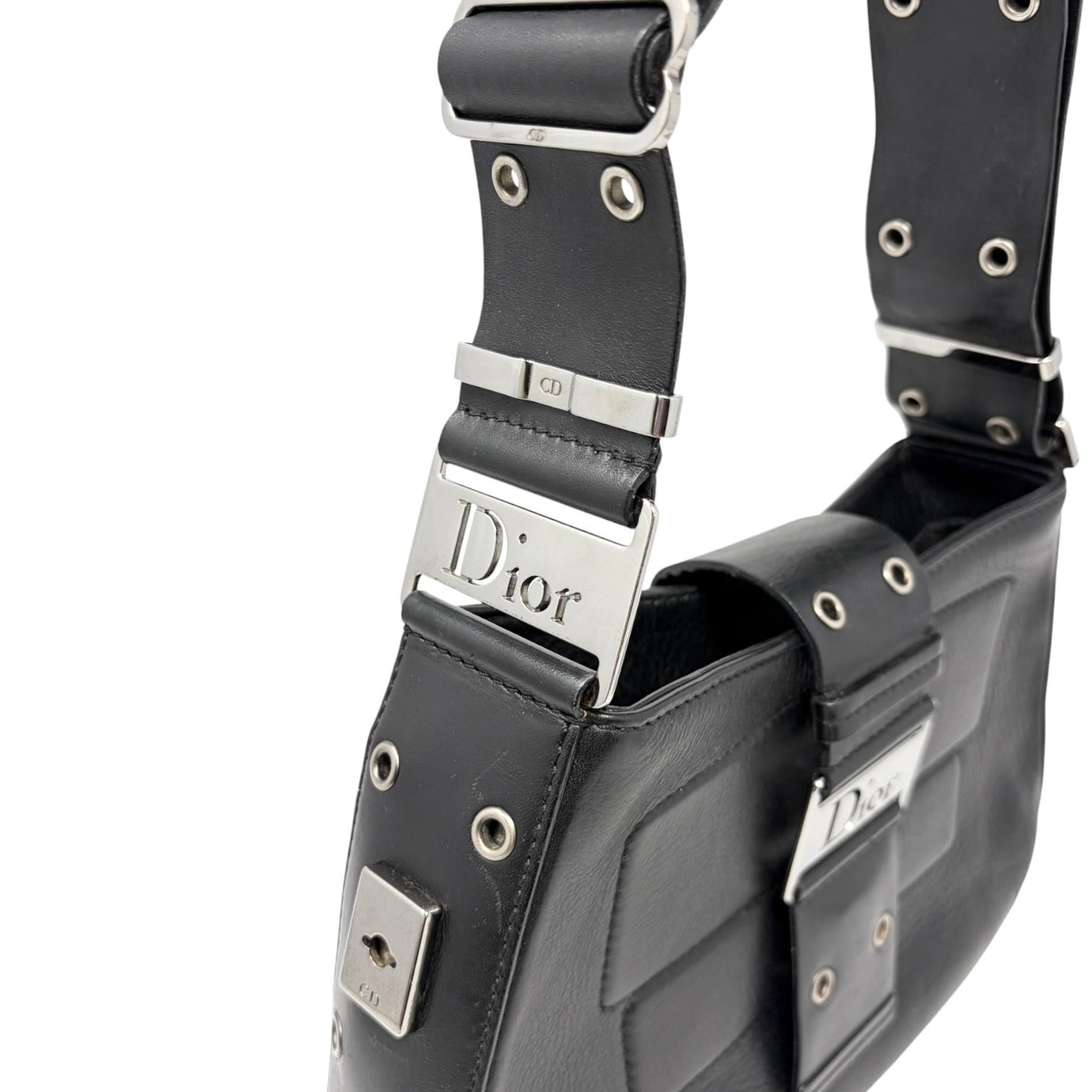 Christian Dior Vintage Street Chic Shoulder Bag Black Silver Leather 902204