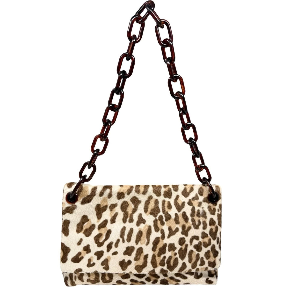 PRADA Vintage Triangle Logo Leopard Pony Calf Hair Chain Shoulder Bag 902309