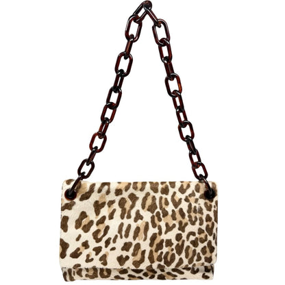 PRADA Vintage Triangle Logo Leopard Pony Calf Hair Chain Shoulder Bag 902309