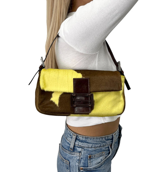 FENDI Vintage FF  Cow Mamma Baguette Bag Yellow Brown Pony Calf Hair 902801