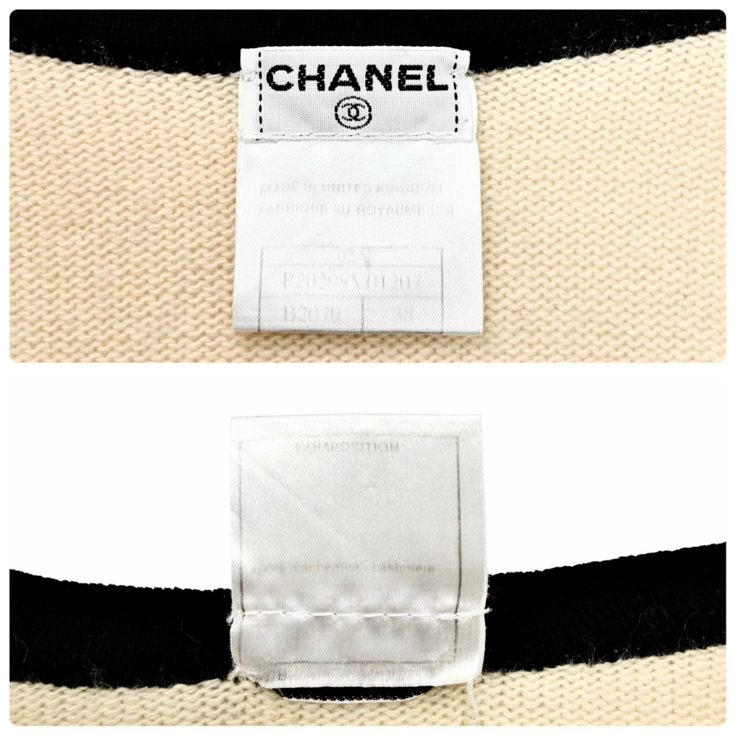 CHANEL Vintage 02A CC Cashmere Knit Cardigan Sweater Top #38 Cream 901825