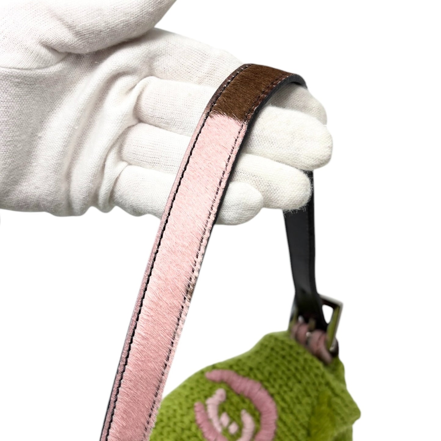 FENDI Vintage FF Mamma Baguette Crochet Shoulder Bag Flower Green Pink Wool