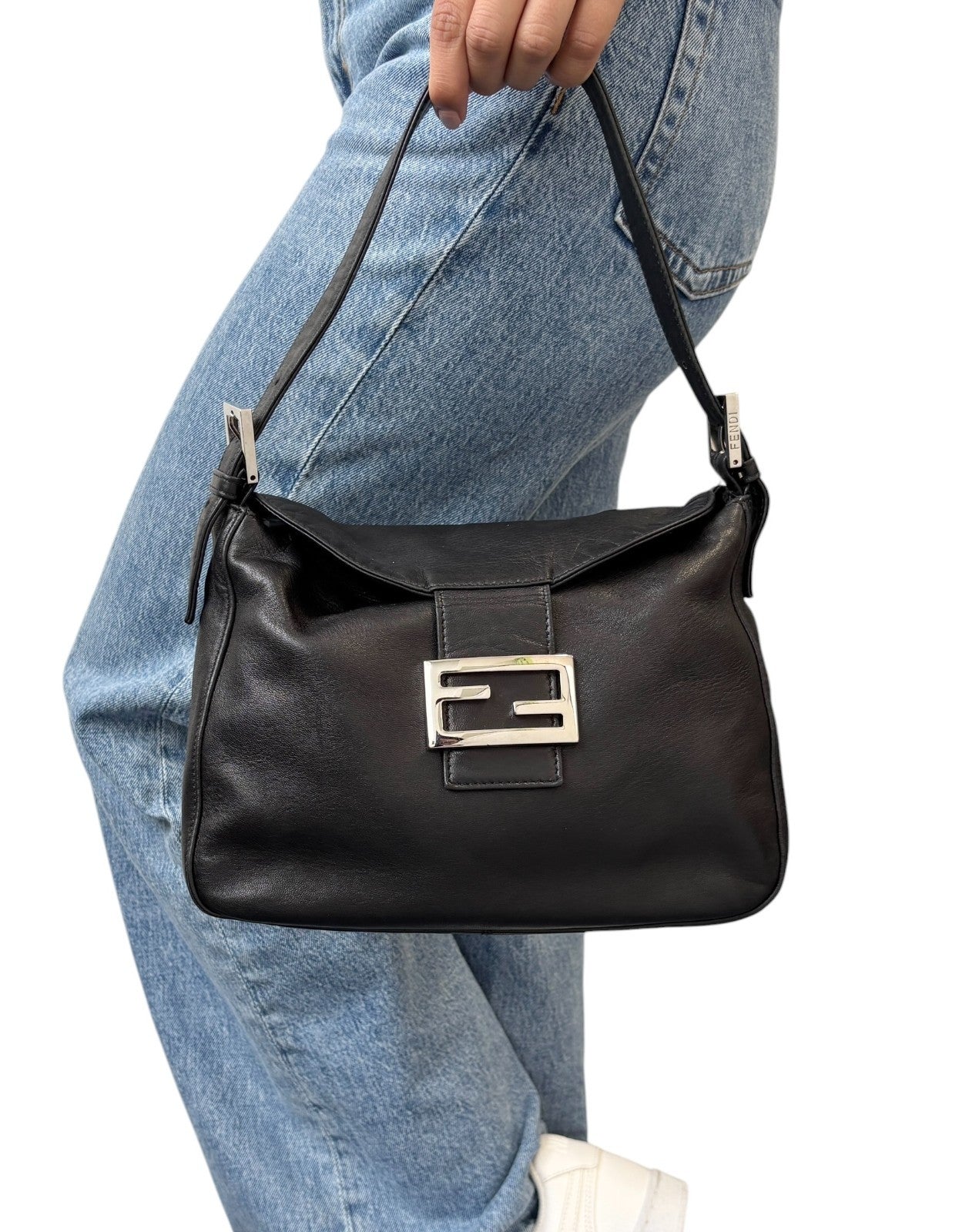 FENDI Vintage FF Logo Shoulder Bag Lambskin Black Silver Leather Metal