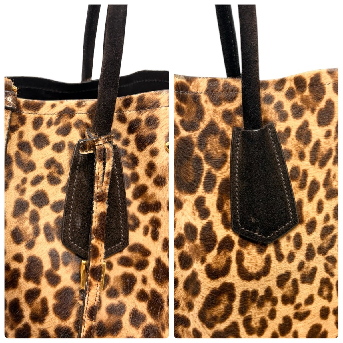 PRADA Vintage Triangle Logo Leopard Tote Bag Brown Black Pony Calf Hair 902452