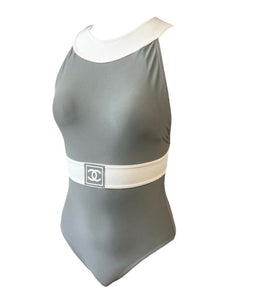 CHANEL Vintage 01P CC Mark Swimsuit #36 One-piece Gray White Nylon Rank AB