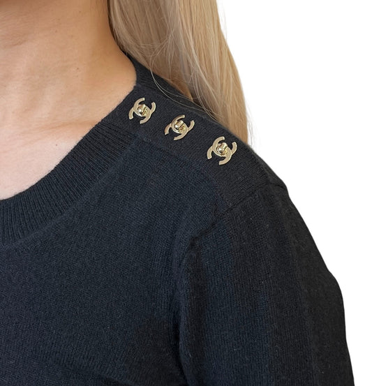 CHANEL Vintage CC Logo Turnlock Cashmere Ribbed Sweater Knit Top #36 Black