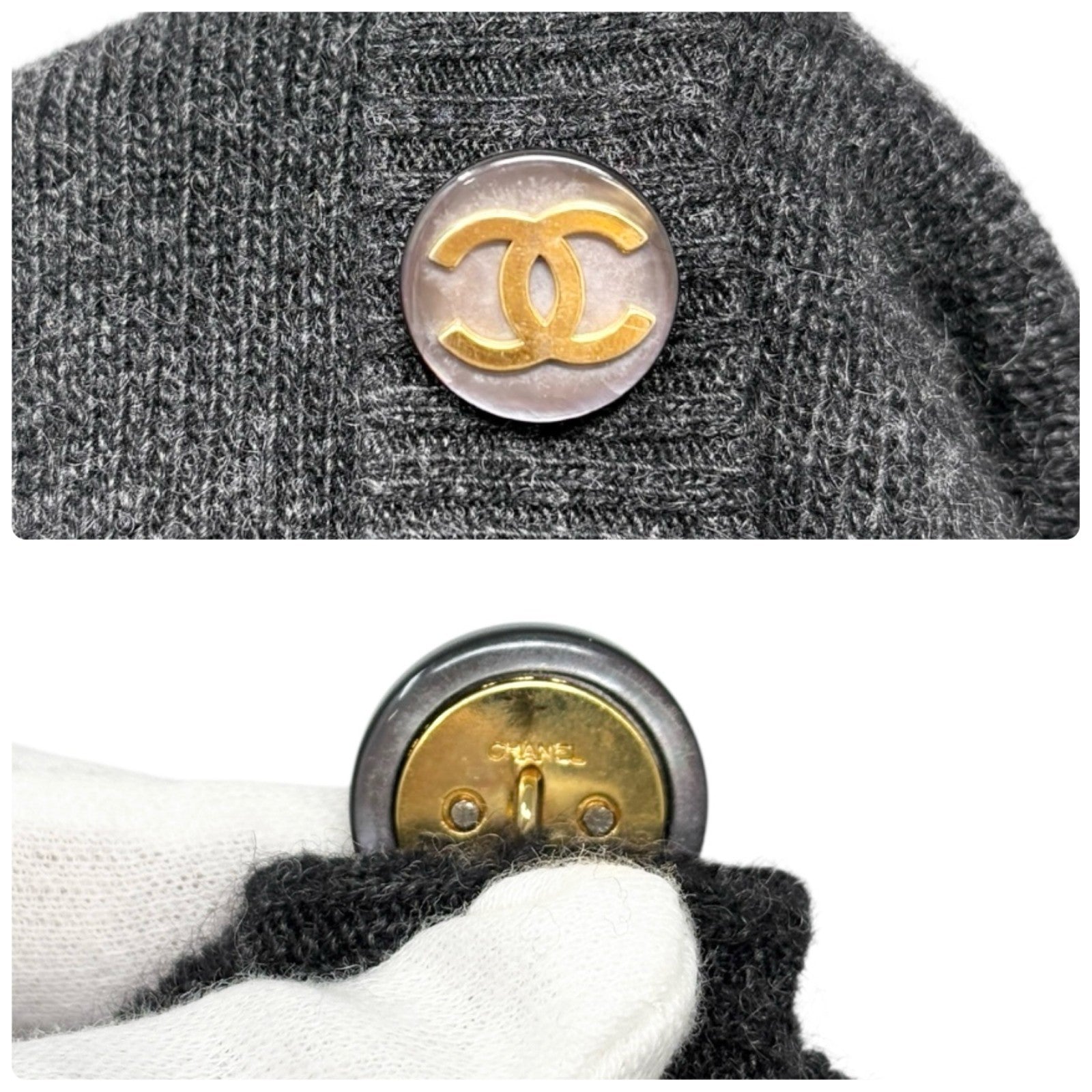 CHANEL Vintage CC Mark Logo Button Cashmere Knit Sweater Top Dark Gray Gold