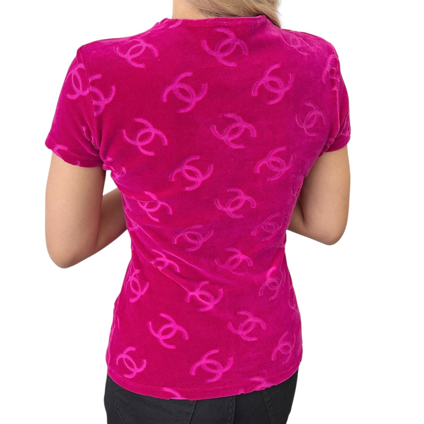CHANEL Vintage 1996 CC Logo Velour T-shirt #40 Short Sleeve Top Pink Red