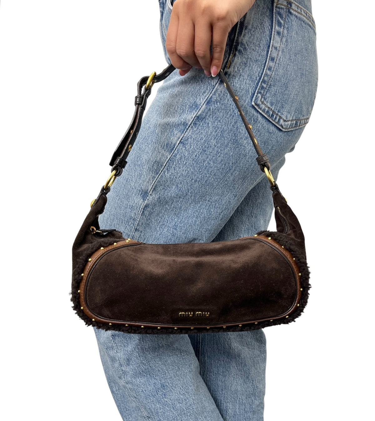 miumiu Vintage Shearling Studded Shoulder Bag Suede Boa Brown Gold 902328