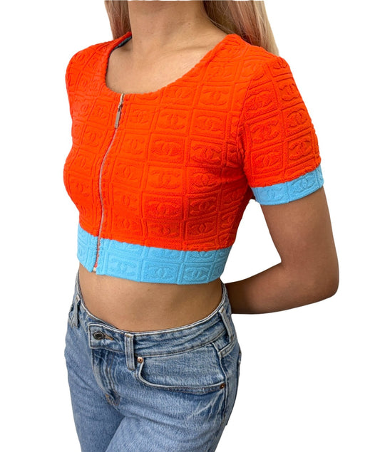 CHANEL Vintage 02S CC Logo Terry Cloth Cropped Zip Top #38 Orange Blue 902836