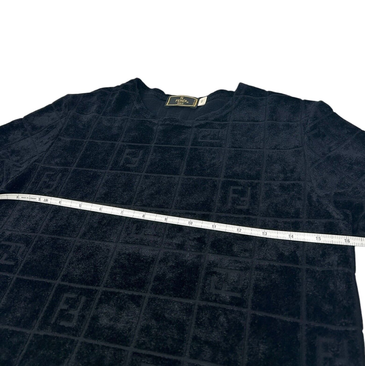 FENDI Vintage FF Logo Velour Short Sleeve Top #46 Black Rayon T-shirt