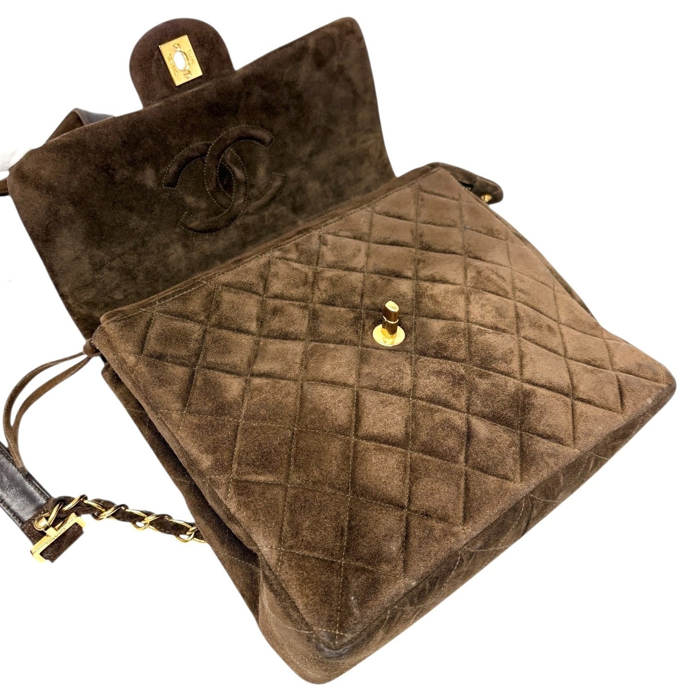 CHANEL Vintage CC Logo Suede Matelasse Backpack Bag Turn Rock Brown Gold