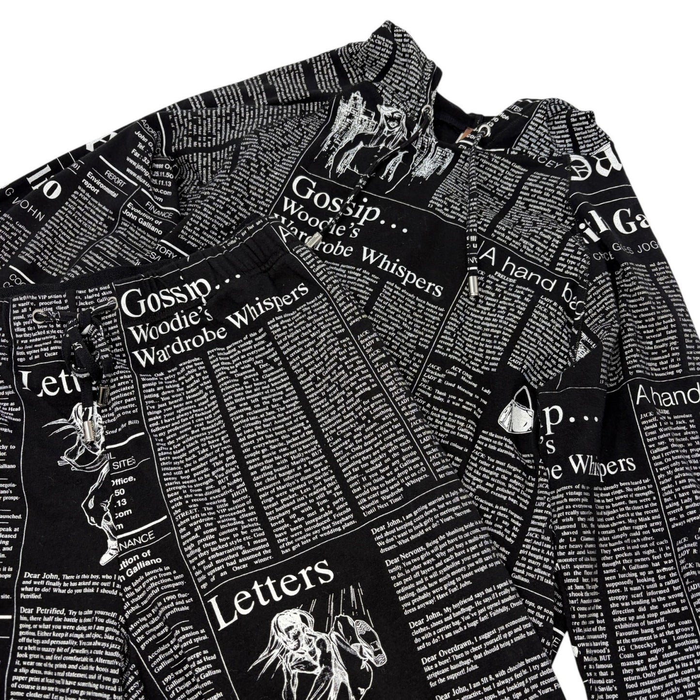 John Galliano Vintage Newspaper Print Hoodie Top Pants Set #XS Black 902549
