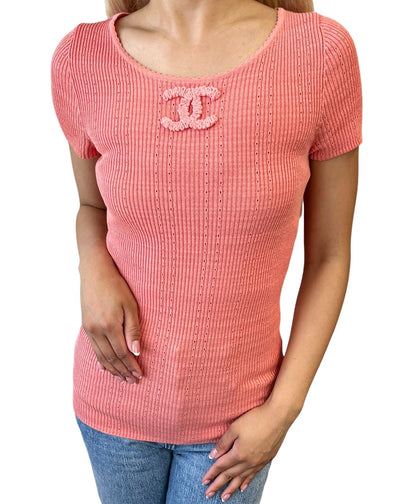 CHANEL Vintage 09P CC Logo Rib Knit T-shirt Top #40 Orange Cotton 902267
