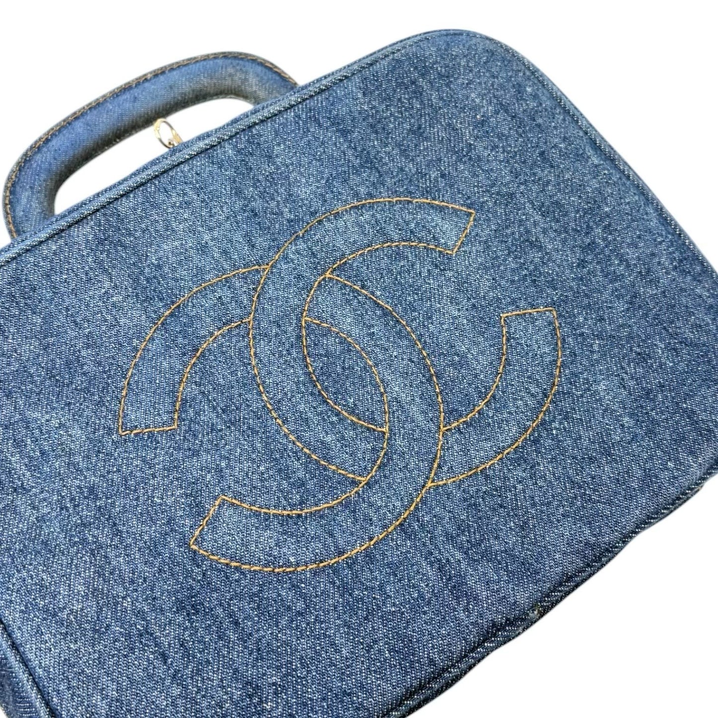 CHANEL Vintage CC Logo Denim 2way Vanity Shoulder Bag Blue Gold Handbag