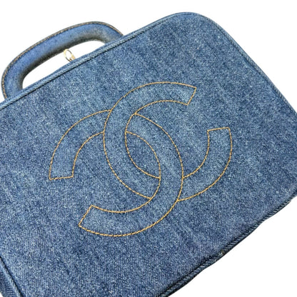 CHANEL Vintage CC Logo Denim 2way Vanity Shoulder Bag Blue Gold Handbag