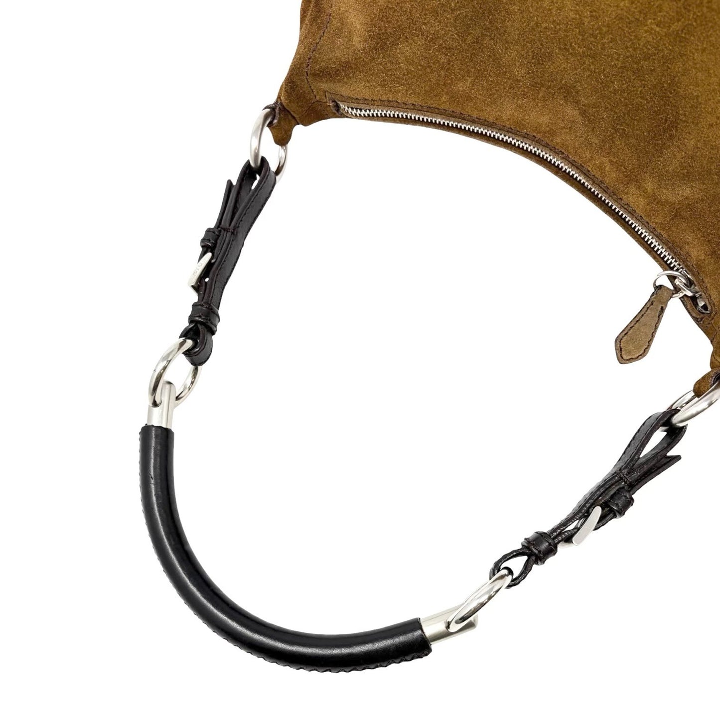 PRADA Triangle Logo Shoulder Hobo Suede Bag Brown Silver Leather Zip 902299