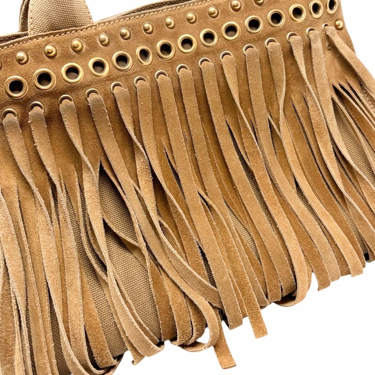 PRADA Vintage Logo Fringe Tote Bag Suede Canvas Brown Camel Gold 901835