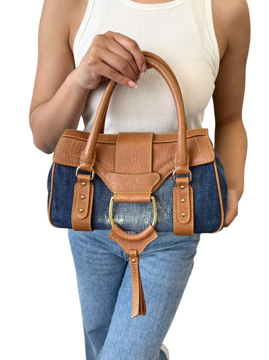 DOLCE&GABBANA Vintage Flap D-Ring Denim Satchel Bag Leather Bag Blue 902567