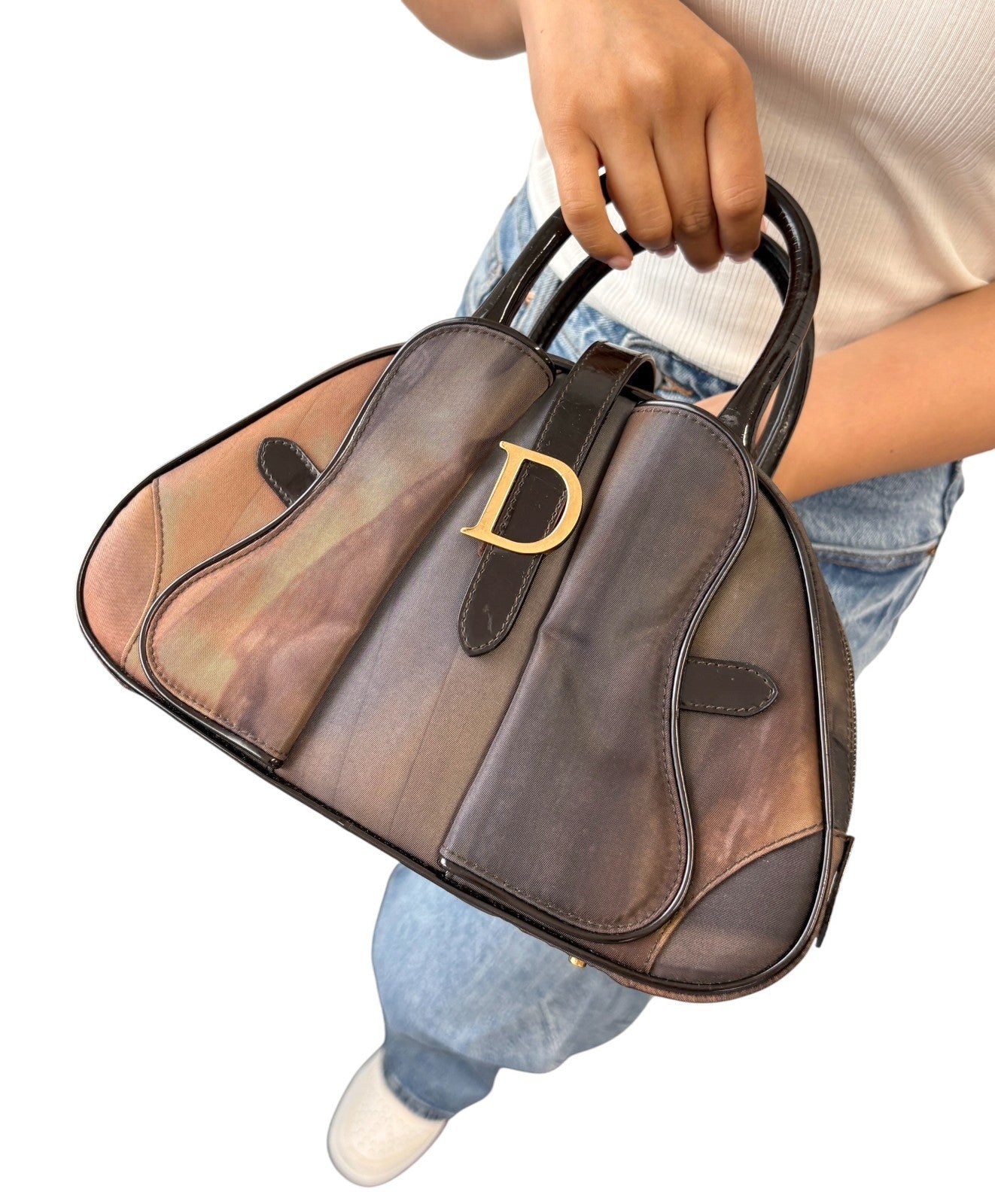Christian Dior Vintage Double Saddle Bag Geometric Brown Nylon Patent 902265