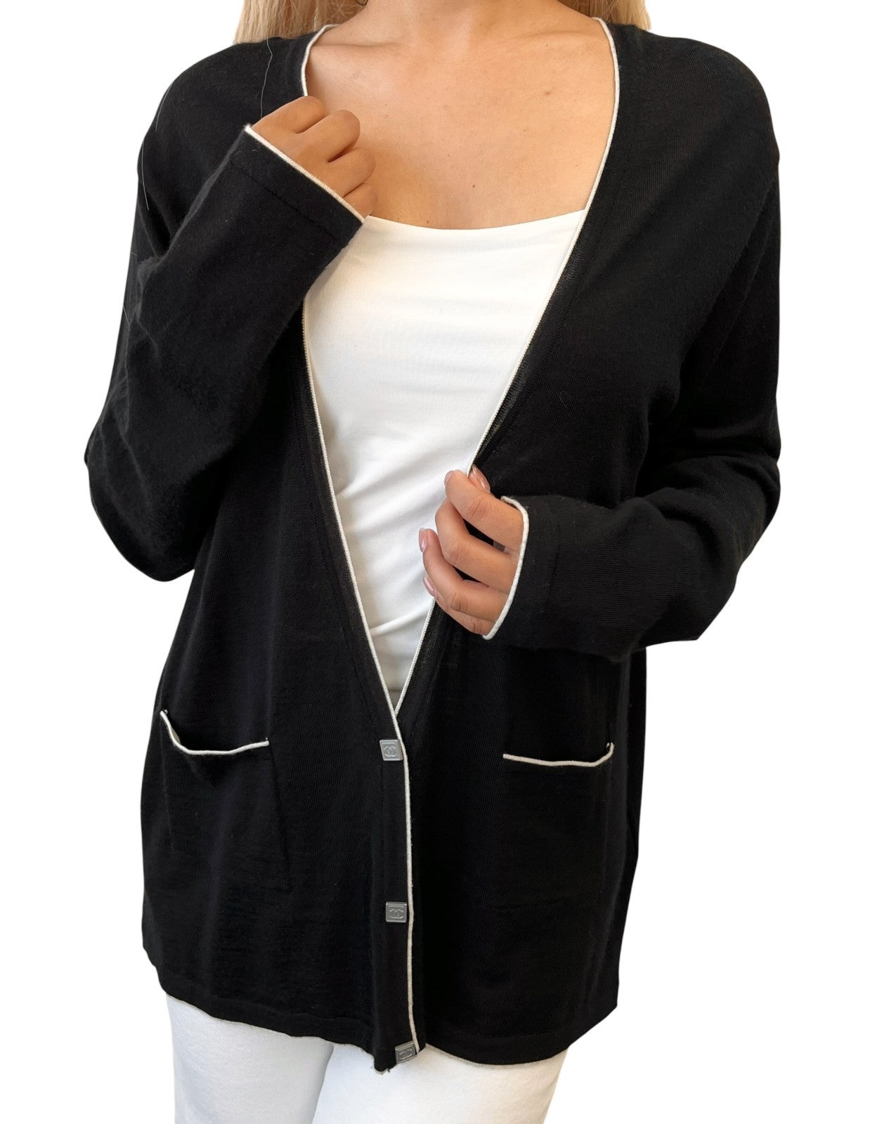 CHANEL Sport Vintage 06A CC Mark Logo Knit Cardigan #46 Black White Silk Wool